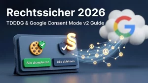 Cookie Banner rechtssicher 2026 mit TDDDG-Konformität und Google Consent Mode v2 Symbolik